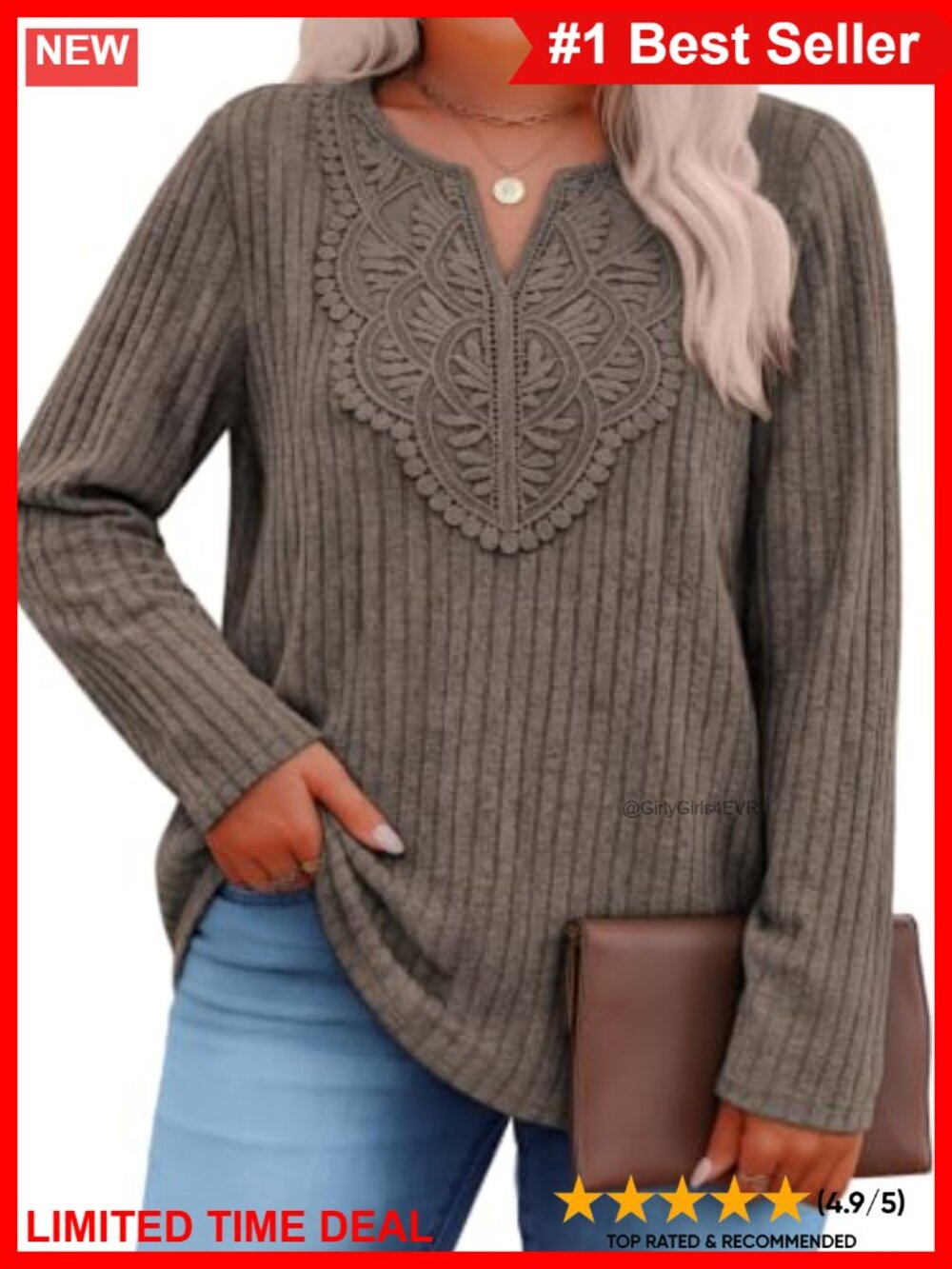 Plus Size Boho Lace V Neck Long Sleeve Sweater Pullover